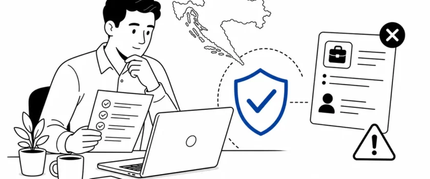 Black and white illustration of a foreign worker checking a job offer safely with one blue shield icon