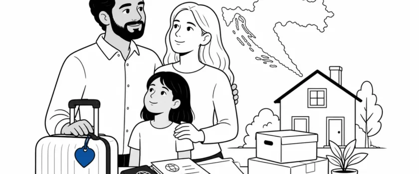 Black and white illustration of a diverse family preparing to move to Croatia with one blue suitcase tag