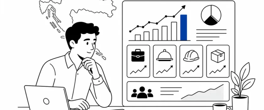 Black and white illustration of a foreign worker reviewing Croatian labour market charts with one blue chart bar