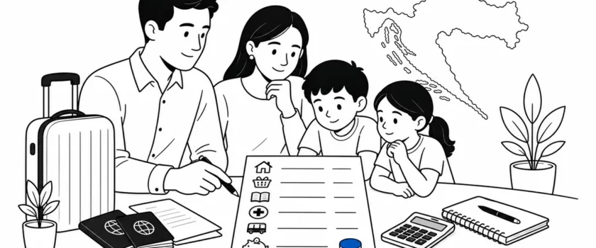 Black and white illustration of a diverse family planning a relocation budget for Croatia with one blue coin accent