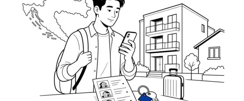 Black and white illustration of a foreign worker searching for housing in Croatia with one blue house key accent