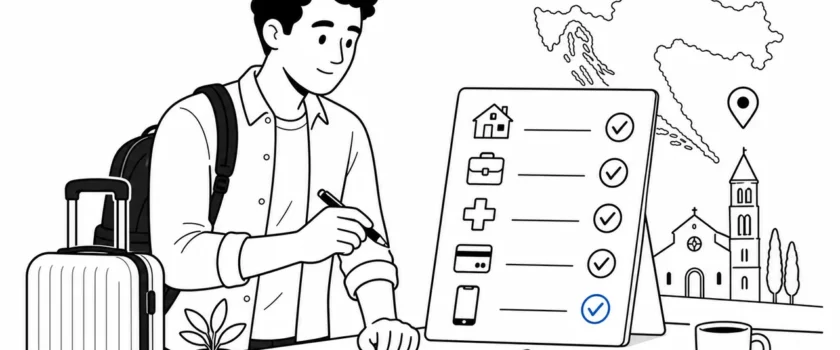 Black and white illustration of a foreign worker reviewing a first 30 days in Croatia checklist with one blue checkmark
