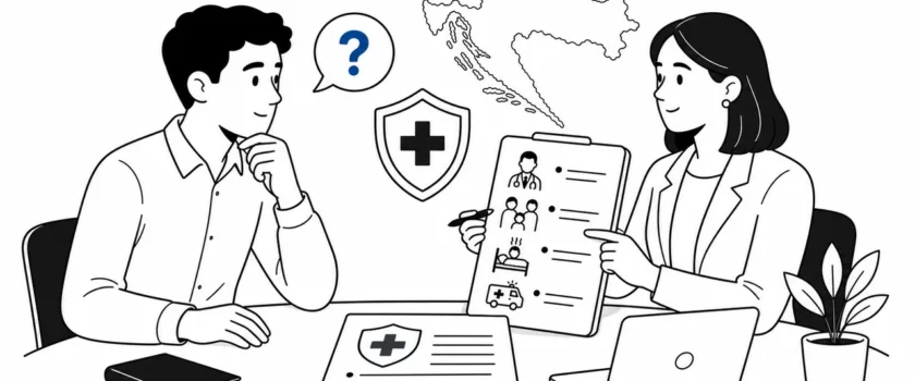Black and white illustration of a foreign worker asking health insurance questions in Croatia with one blue question mark