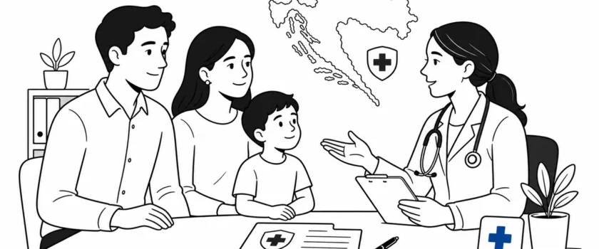 Black and white illustration of a diverse family speaking with a doctor in Croatia with one blue medical cross