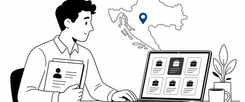 Black and white illustration of a foreign worker searching Croatian job listings with a blue location pin
