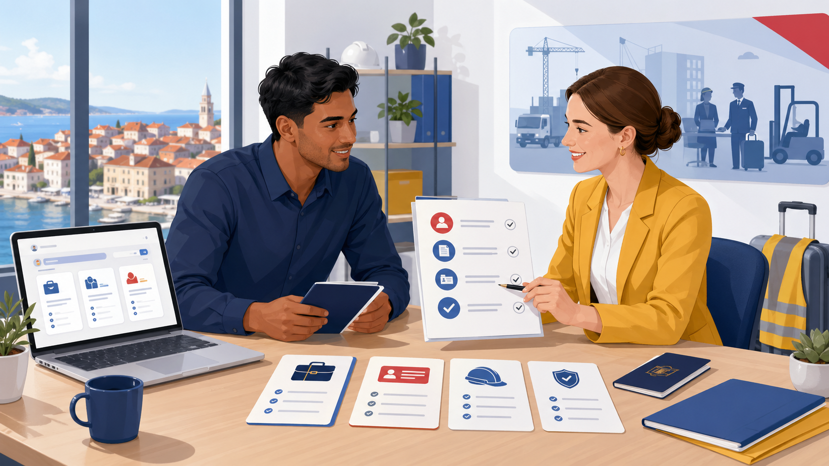 Foreign worker reviewing a job offer and work permit checklist