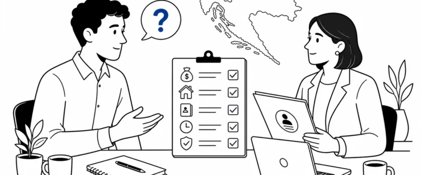 Black and white illustration of a foreign candidate asking an employer job offer questions with one blue question mark