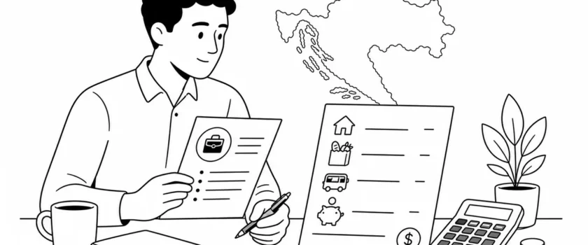 Black and white illustration of a foreign worker comparing Croatian salary and living costs with one blue coin accent