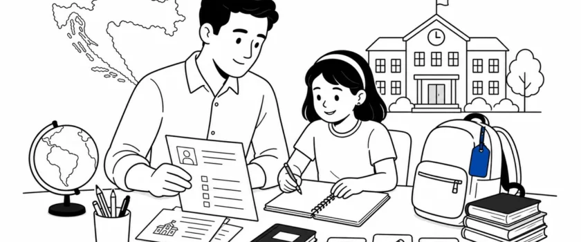 Black and white illustration of a parent and child preparing school documents for Croatia with one blue backpack tag