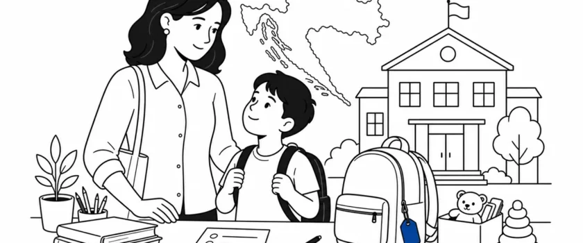 Black and white illustration of a diverse parent and child preparing for school in Croatia with one blue backpack tag