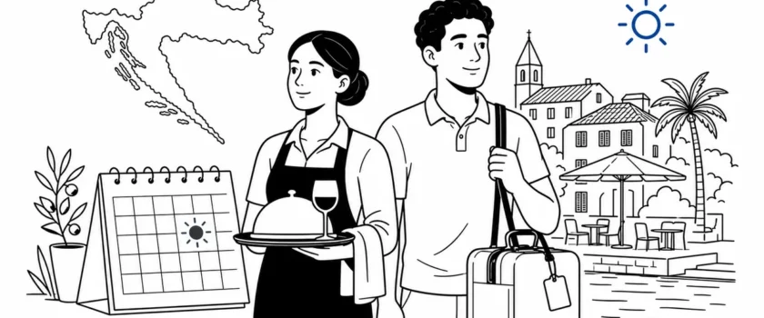 Black and white illustration of diverse seasonal workers in Croatia with one blue sun icon