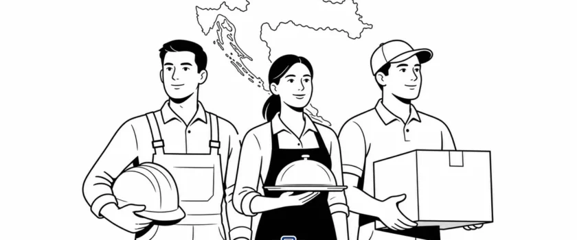Black and white illustration of diverse foreign workers in common Croatian job sectors with one blue briefcase icon