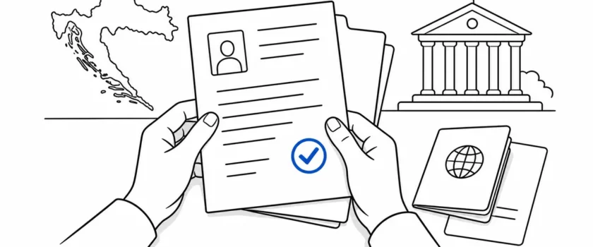 Black and white illustration of Croatian work permit documents with one blue approval checkmark